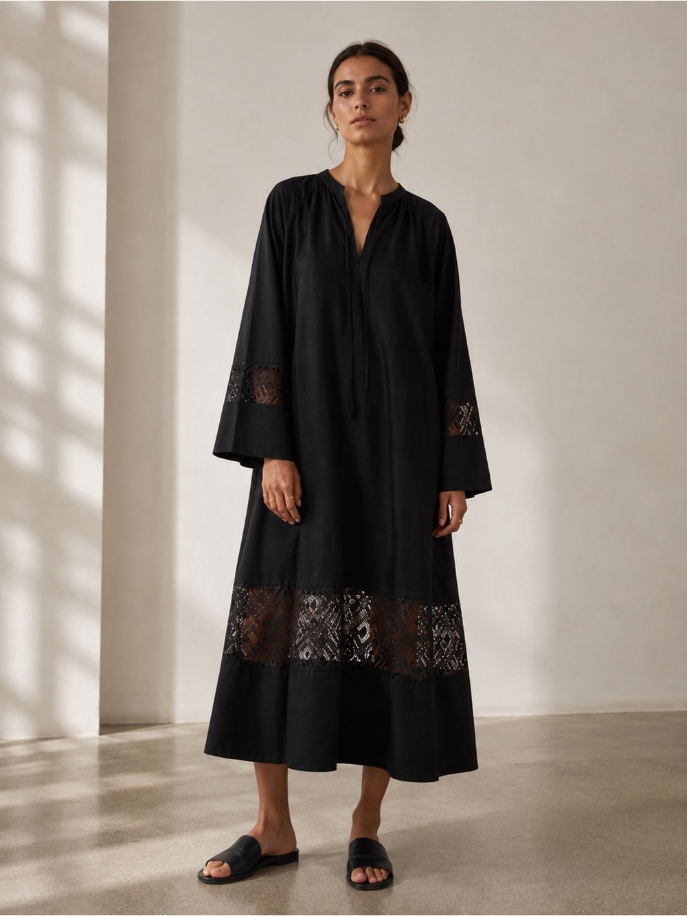 SAMSOE SAMSØE Sahell Organic Cotton Lace Panel Midi Oversized Black Dress 🖤 XS